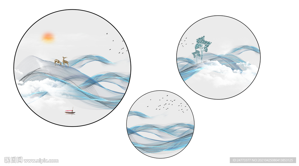 圆形山水新中式餐厅装饰画