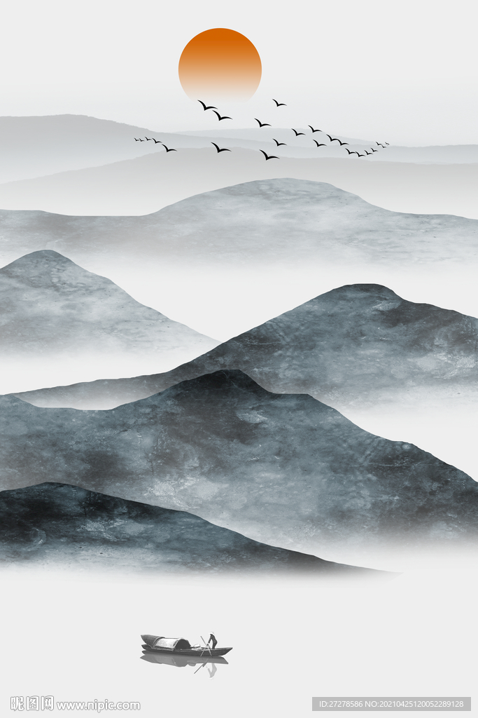 新中式水彩山水画水墨山水素材