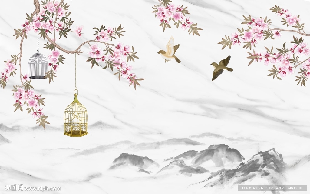 爵士白石纹桃花新中式背景墙