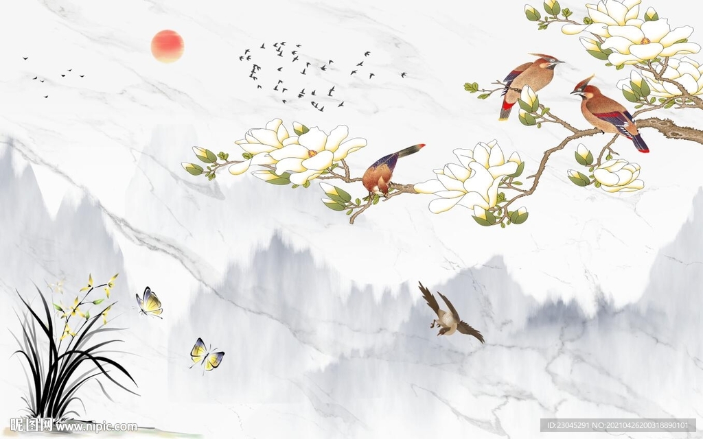 爵士白兰花画眉山水新中式背景墙