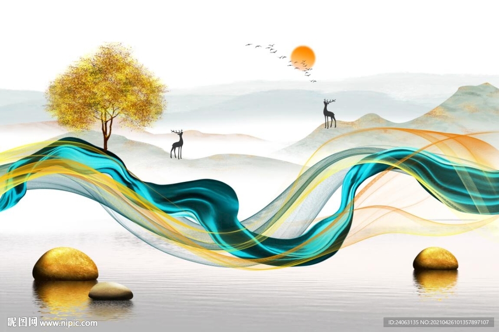 新中式抽象线条水墨山水麋鹿