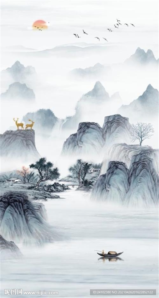 流水生财麋鹿水墨山水玄关中堂