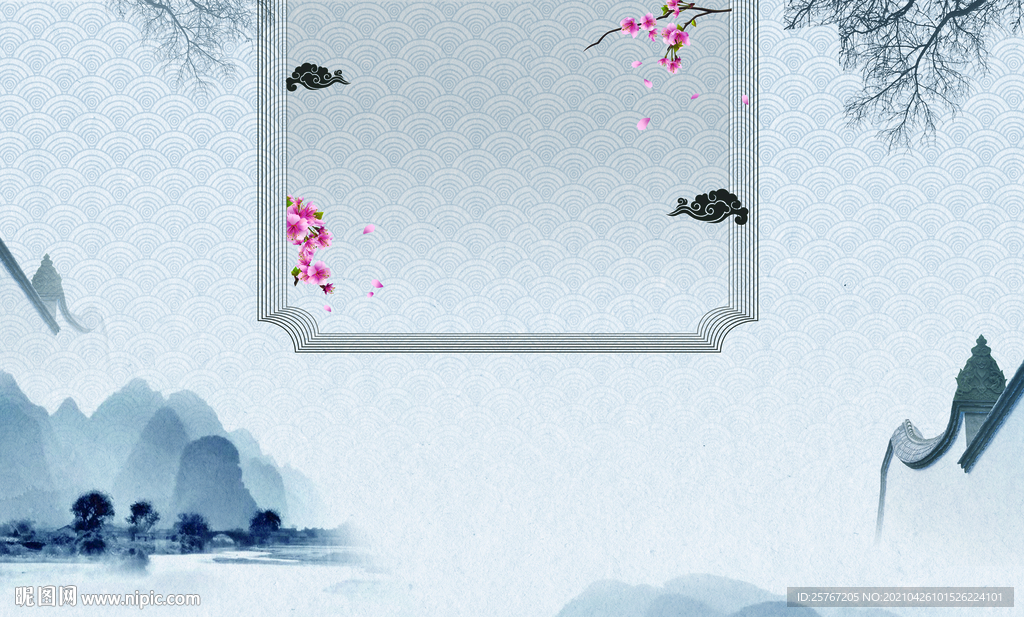 中国风山水水墨画背景墙庭院