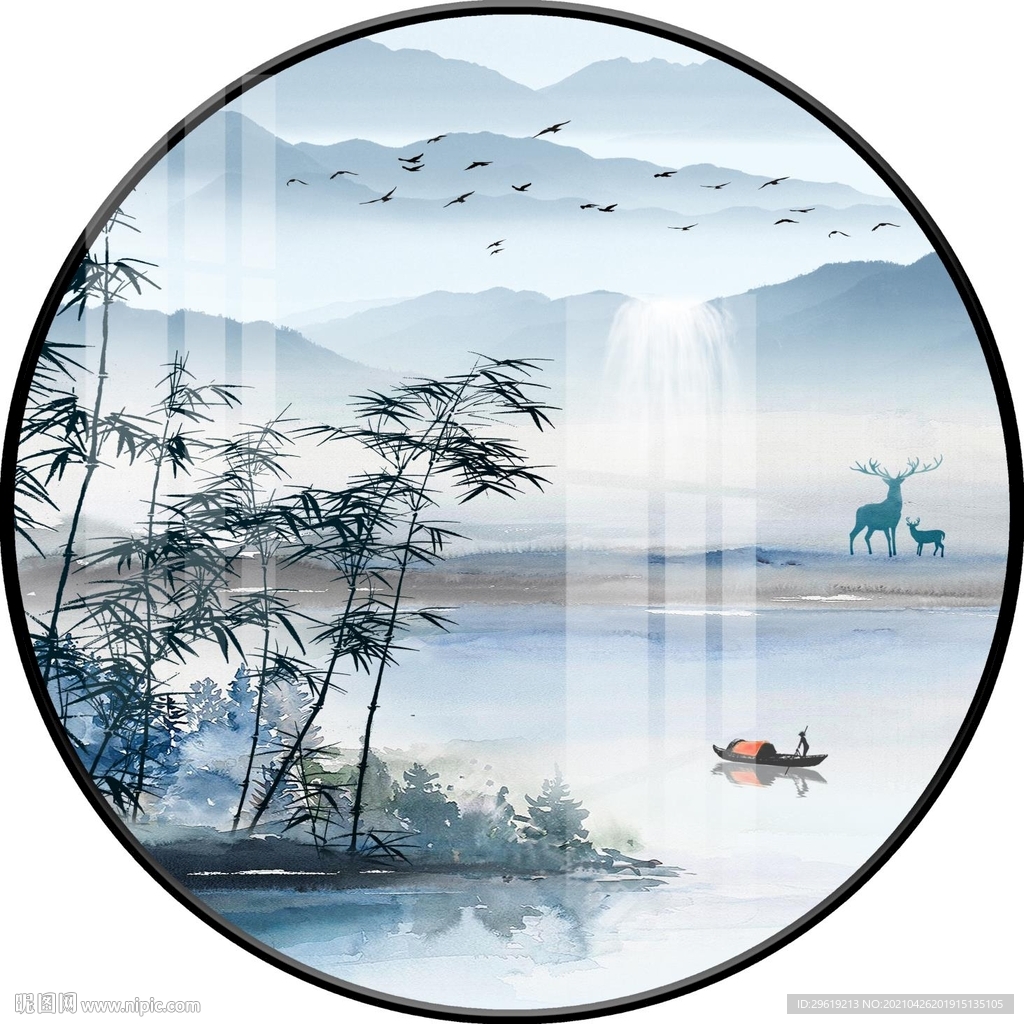 圆形新中式山水装饰画图片