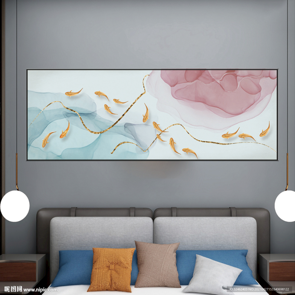 轻奢九鱼床头装饰画