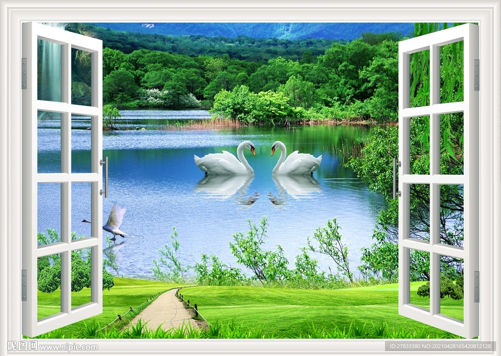 3D假窗湖泊风景
