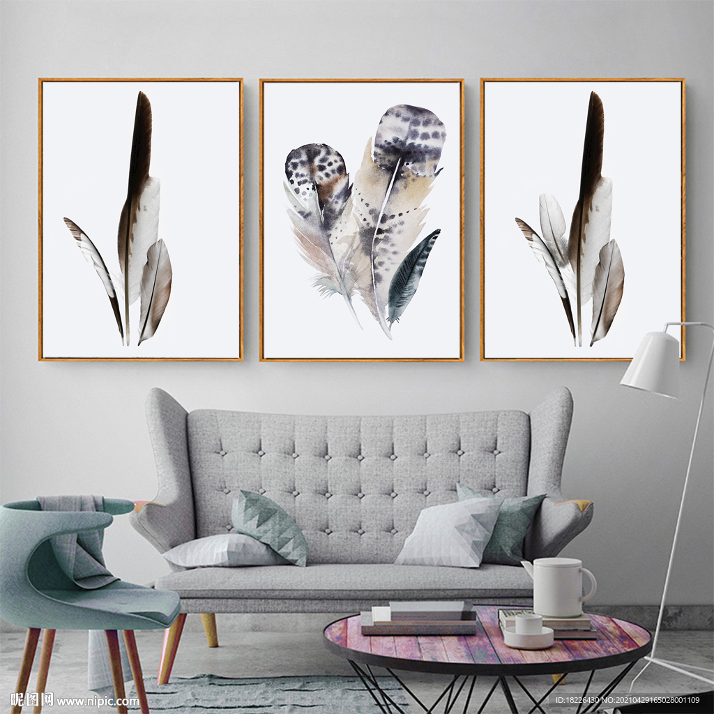 北欧小清新黑白羽毛装饰画三联画
