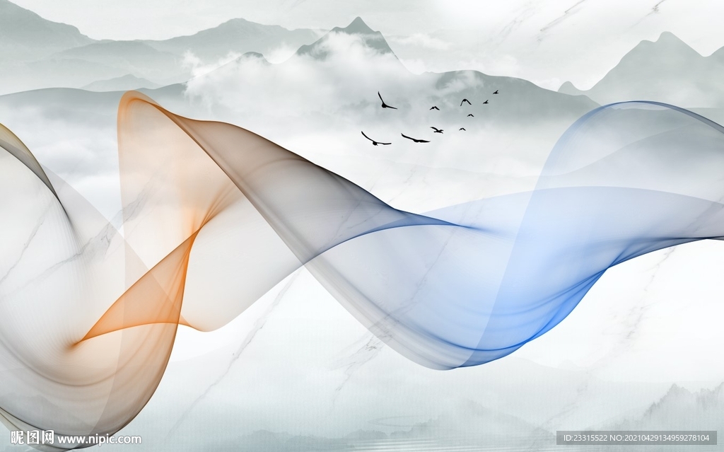 曲线山水岩板新中式背景墙