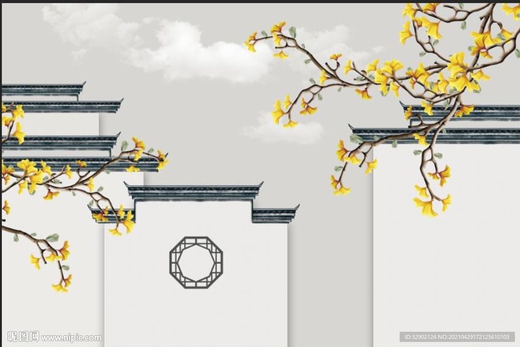 中式微派屋檐杏叶客厅背景墙