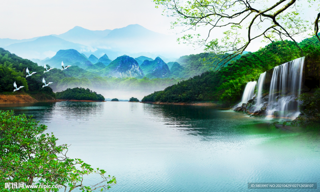 山水风景画 瀑布风景