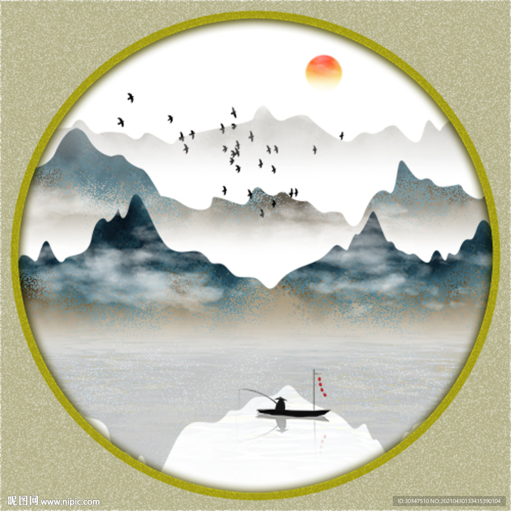 新中式手绘水墨山水情圆形装饰画