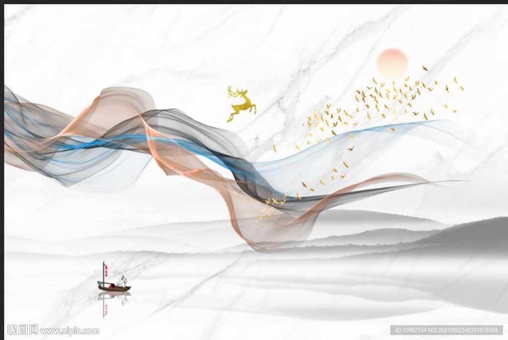 新中式抽烟线条山水飞鸟宁静致远