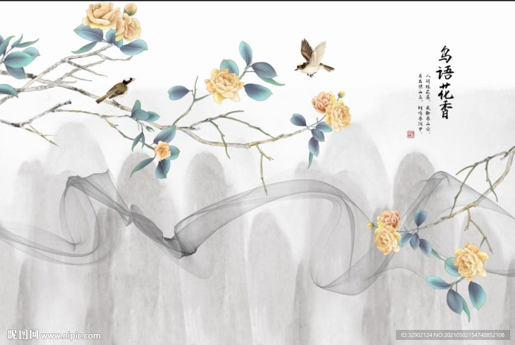 抽象线条中式山水鸟语花香背景墙