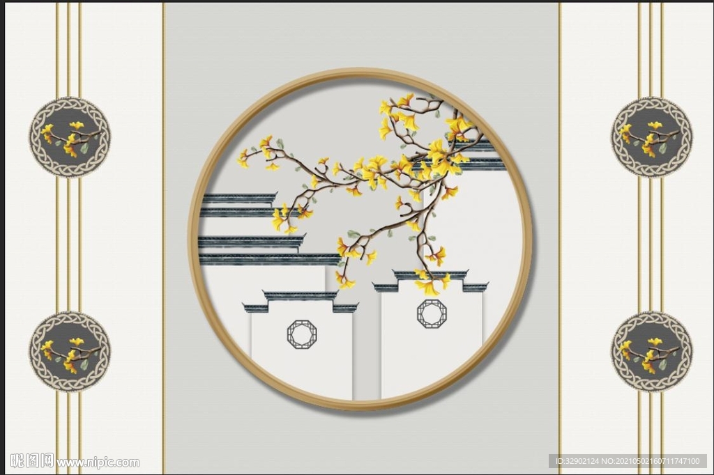 中式微派屋檐银杏组合古典背景墙