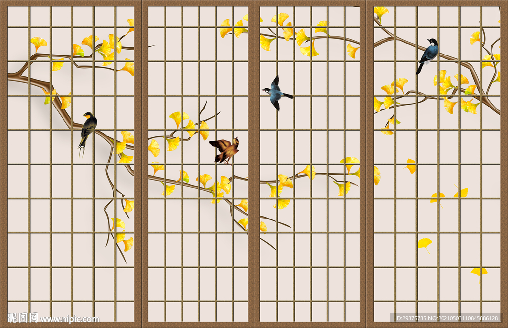 屏风银杏花鸟