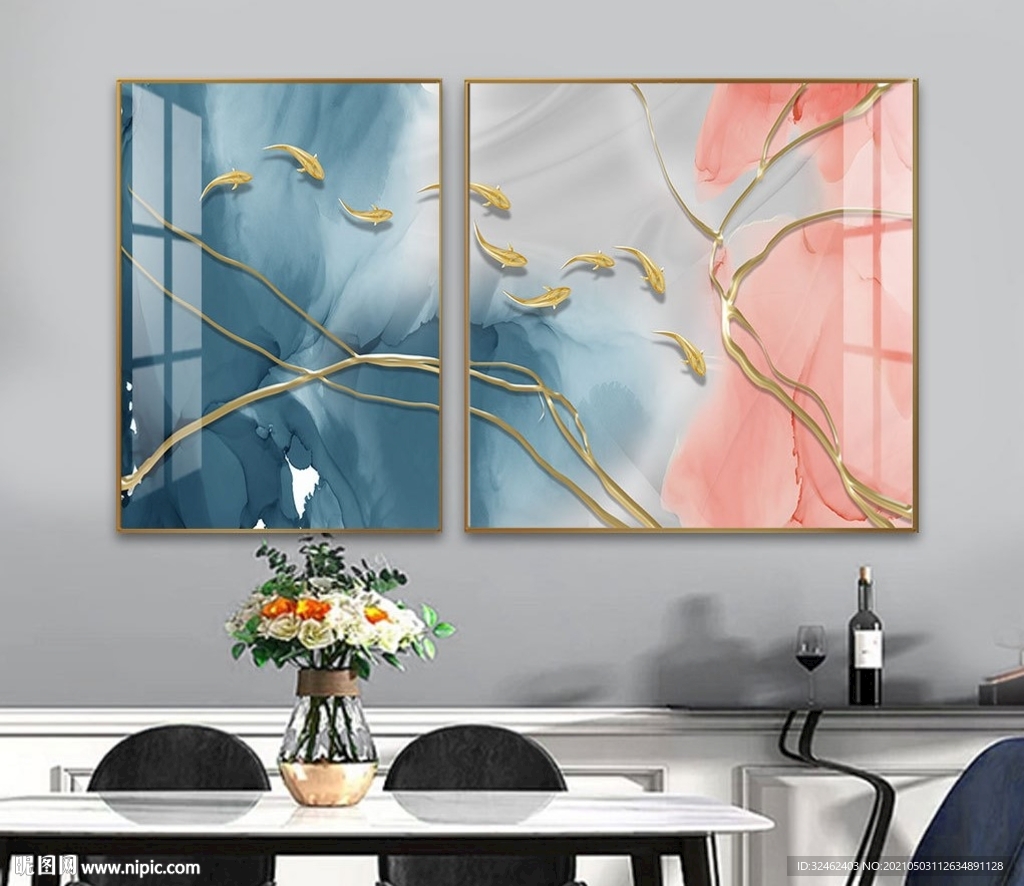 简约线条金色鱼群装饰画