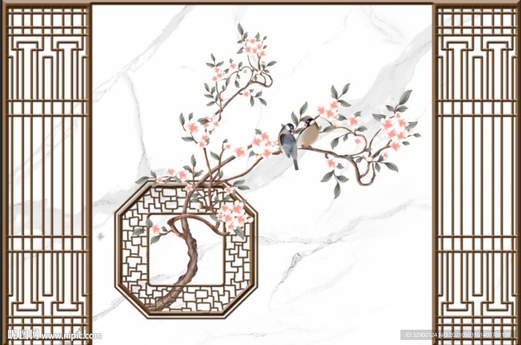 爵士白兰花画水鸟语花香组合背景