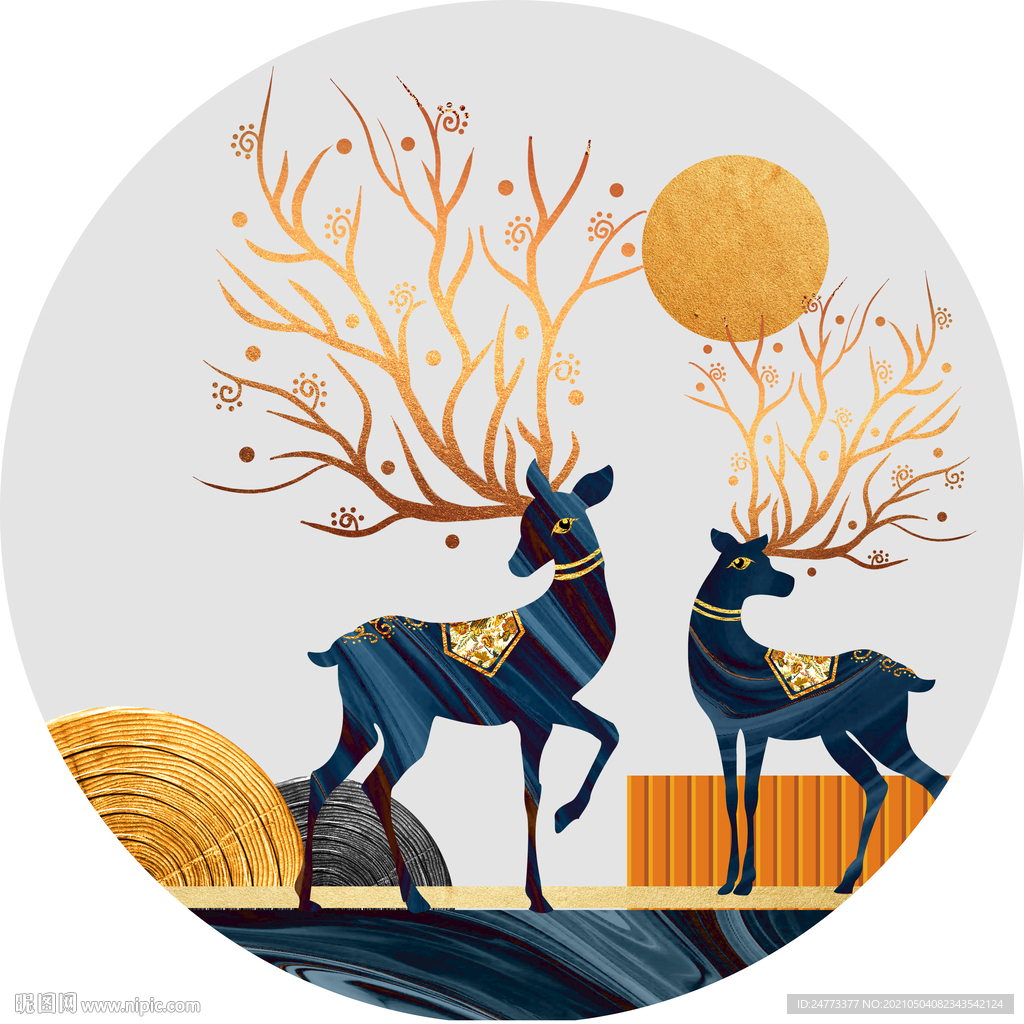 圆形发财鹿装饰画