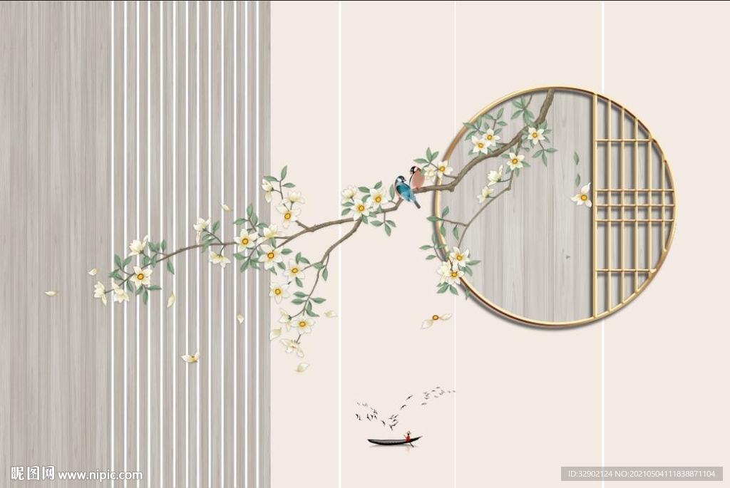 新中式鸟语花香木栅组合背景墙