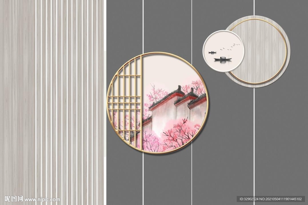 水墨江南桃花源记木栅组合背景墙