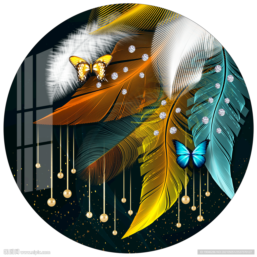 金色羽毛蝴蝶轻奢圆形装饰画