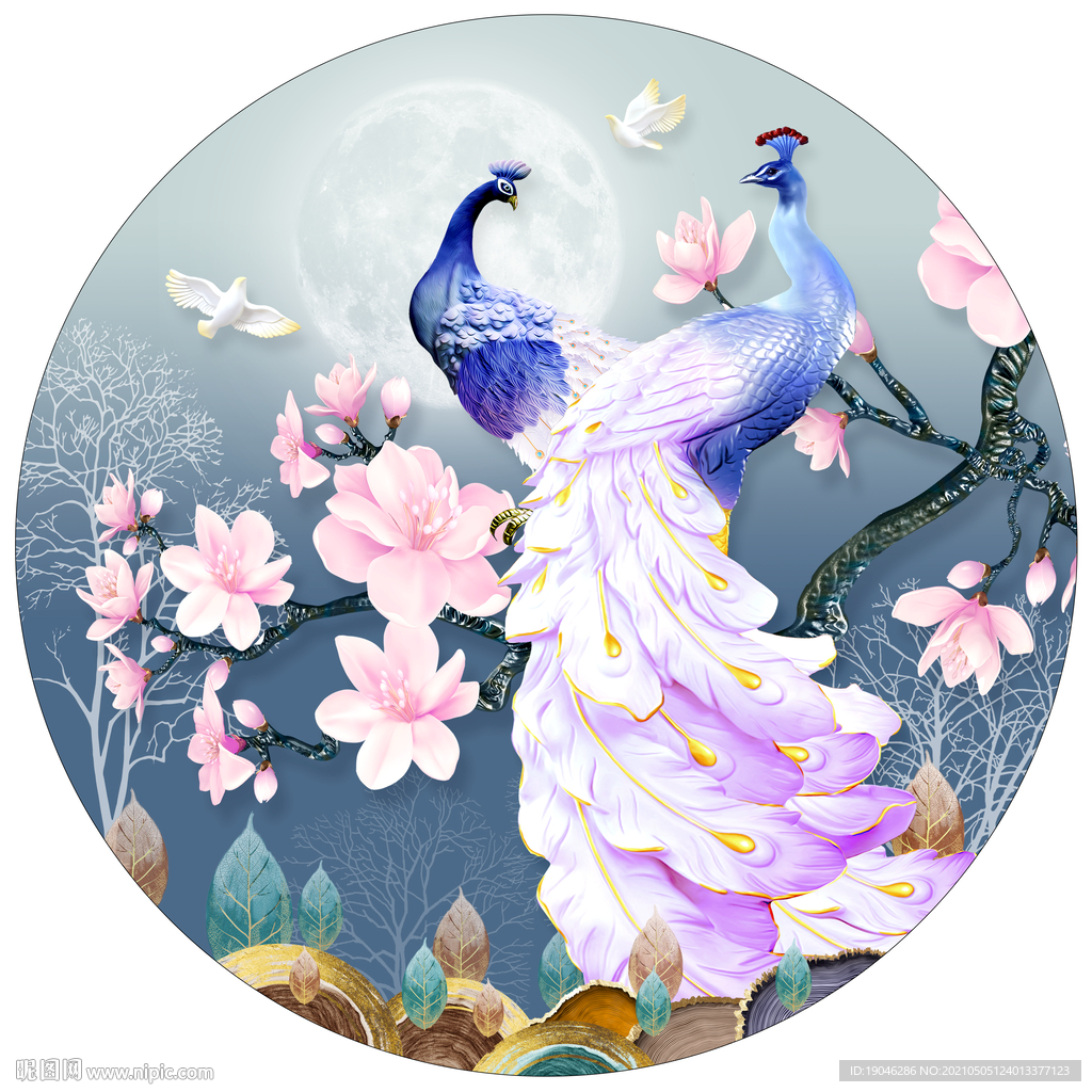 浮雕孔雀玉兰圆形装饰画
