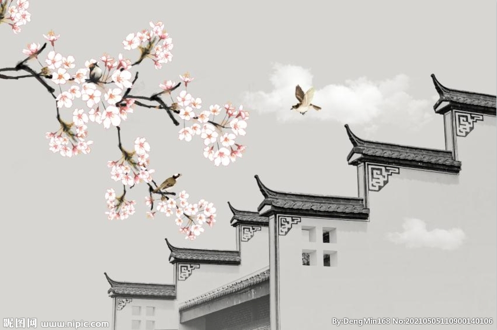 中式徽派建筑屋檐工笔桃花背景墙