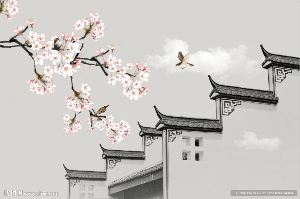 中式徽派建筑屋檐工笔桃花背景墙