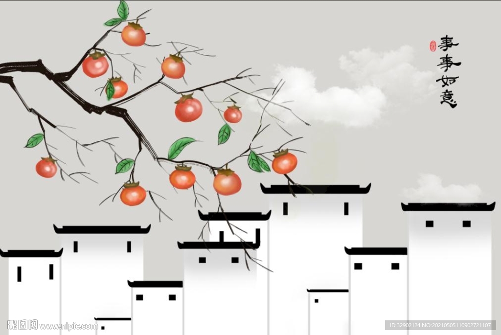 中式民俗事事如意屋檐客厅背景墙