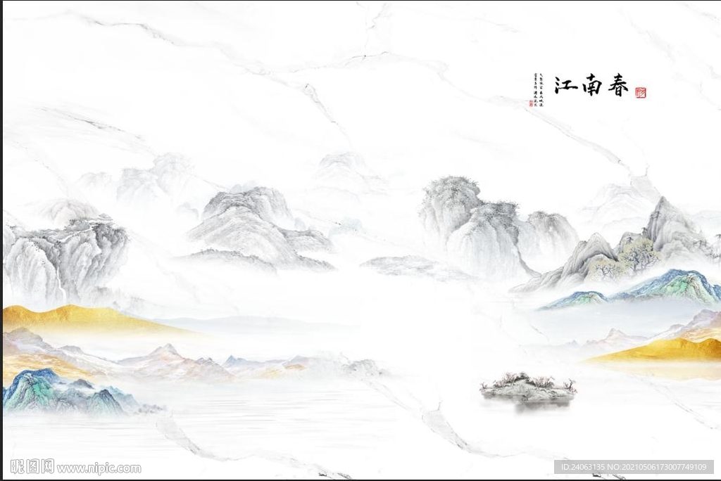 典雅新中式金箔山水江南春背景墙