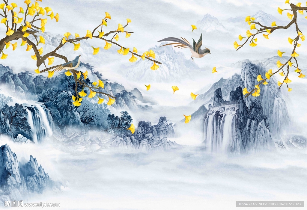 新中式山水花鸟背景墙