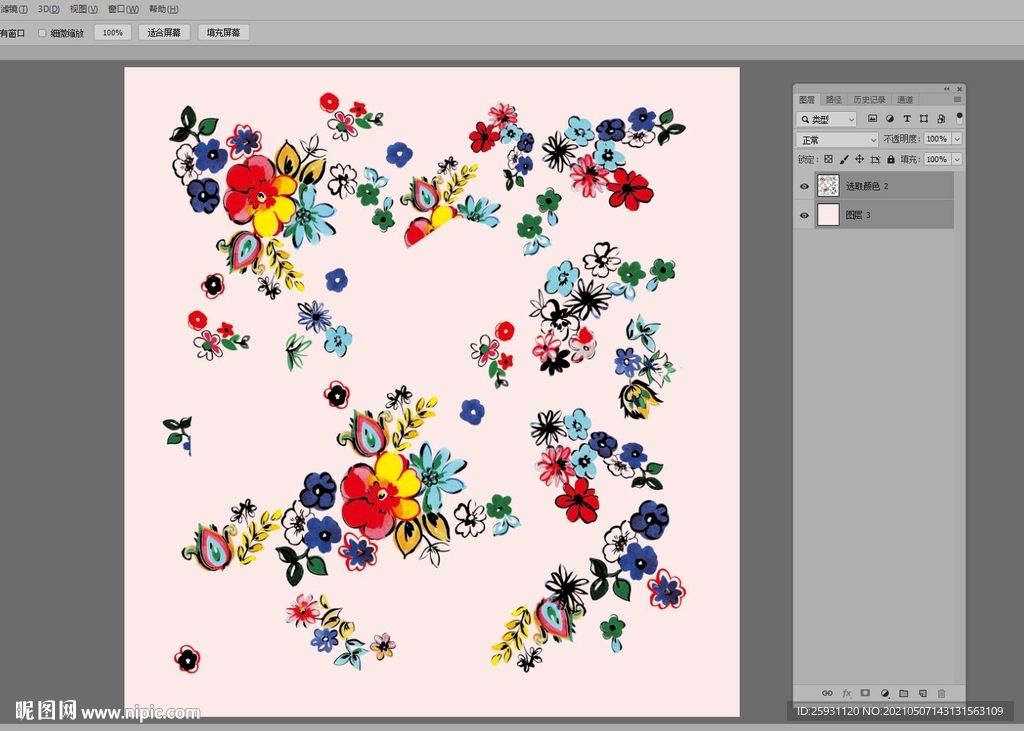 手绘炫彩民族风格碎花花卉枝叶