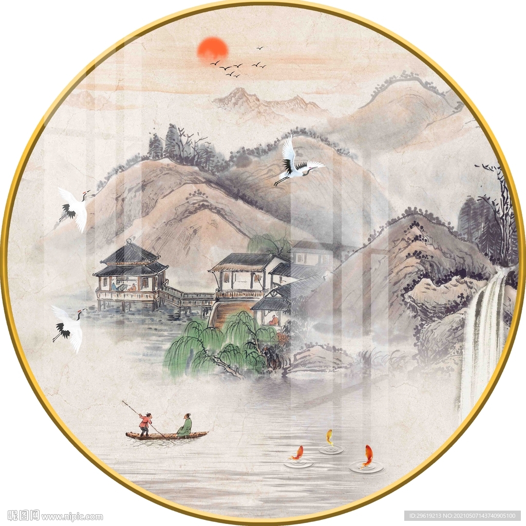 新中式意境水墨山水圆形装饰画图
