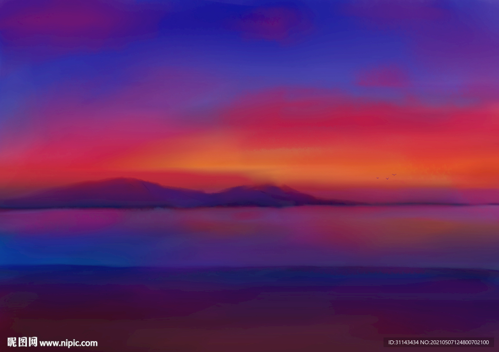海边黄昏装饰画 水彩画图片