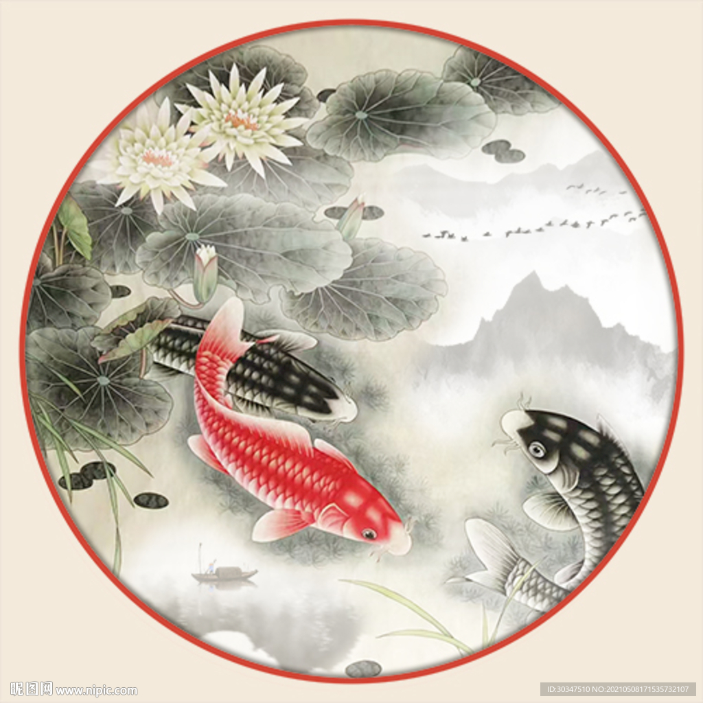 国画富贵有余荷花山水情装饰画