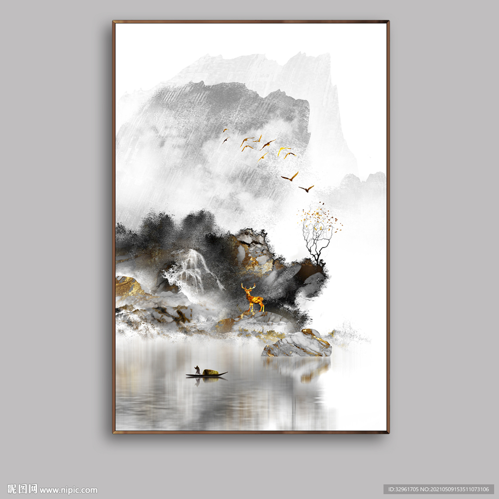 新中式抽象水墨麋鹿玄关山水画