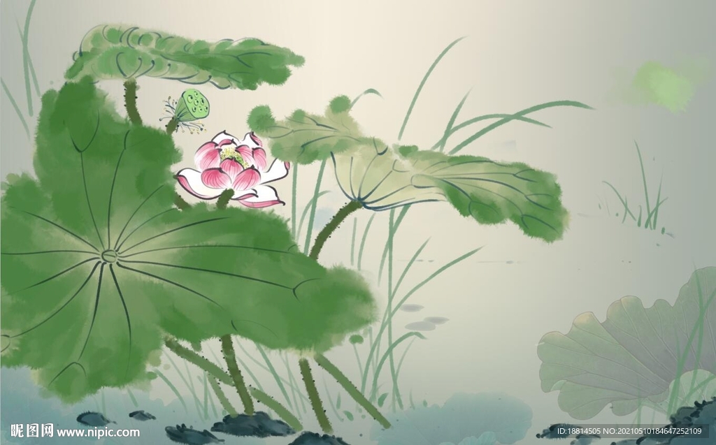 荷花莲花新中式山水背景墙