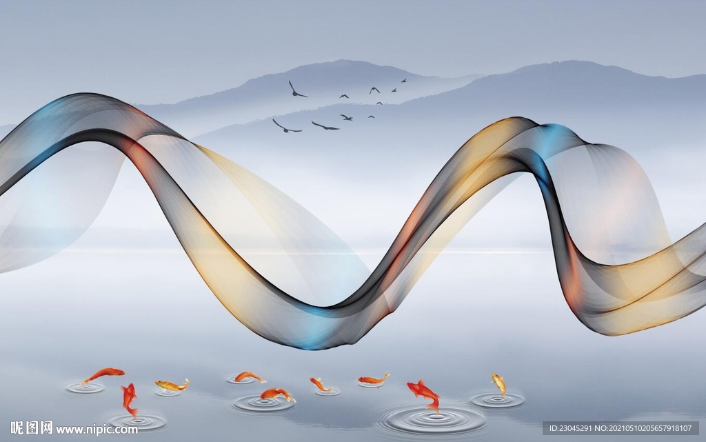 锦鲤金鱼抽象曲线背景墙