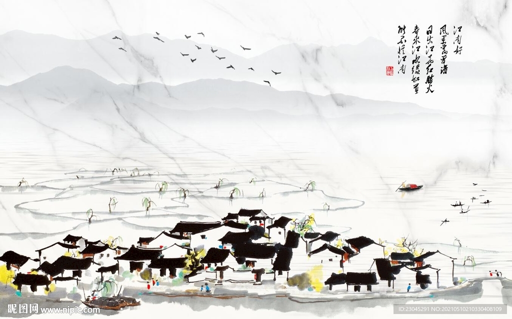 徽派建筑山水新中式背景墙