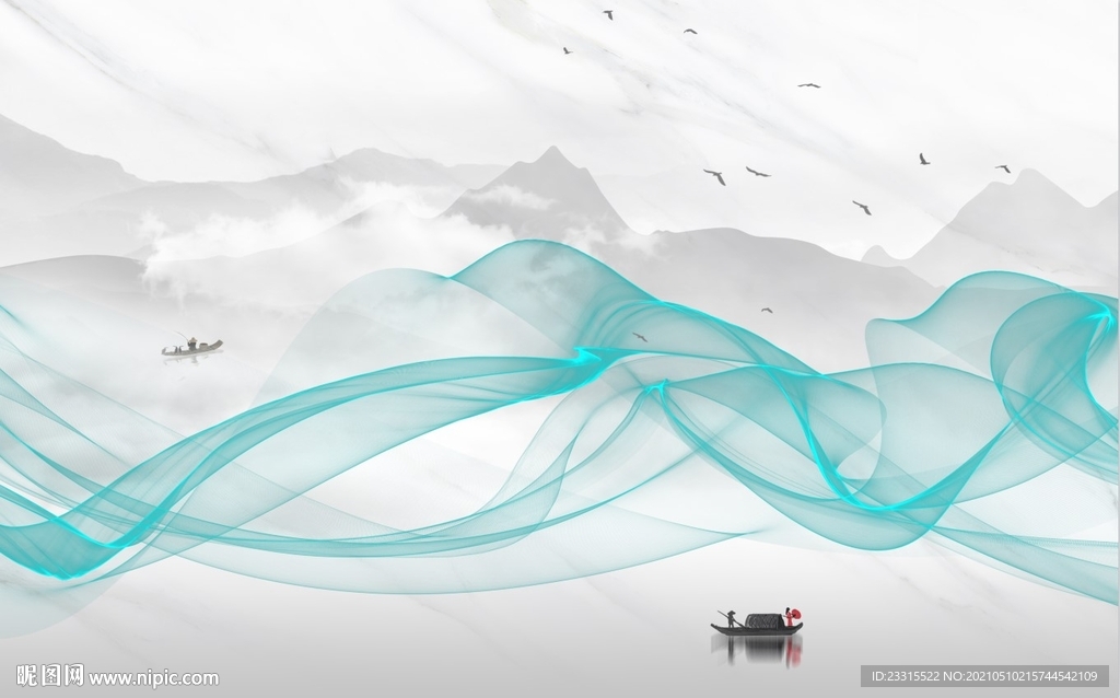 新中式水墨山水曲线背景墙