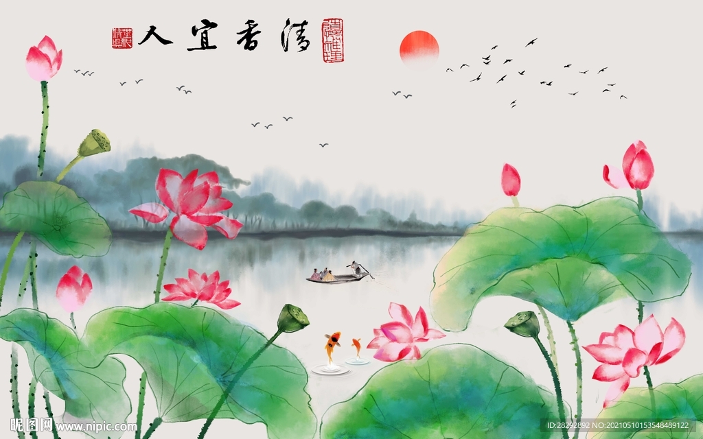 中式水墨荷花背景