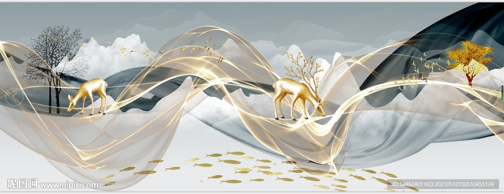 轻奢线条山水画发财鹿装饰画