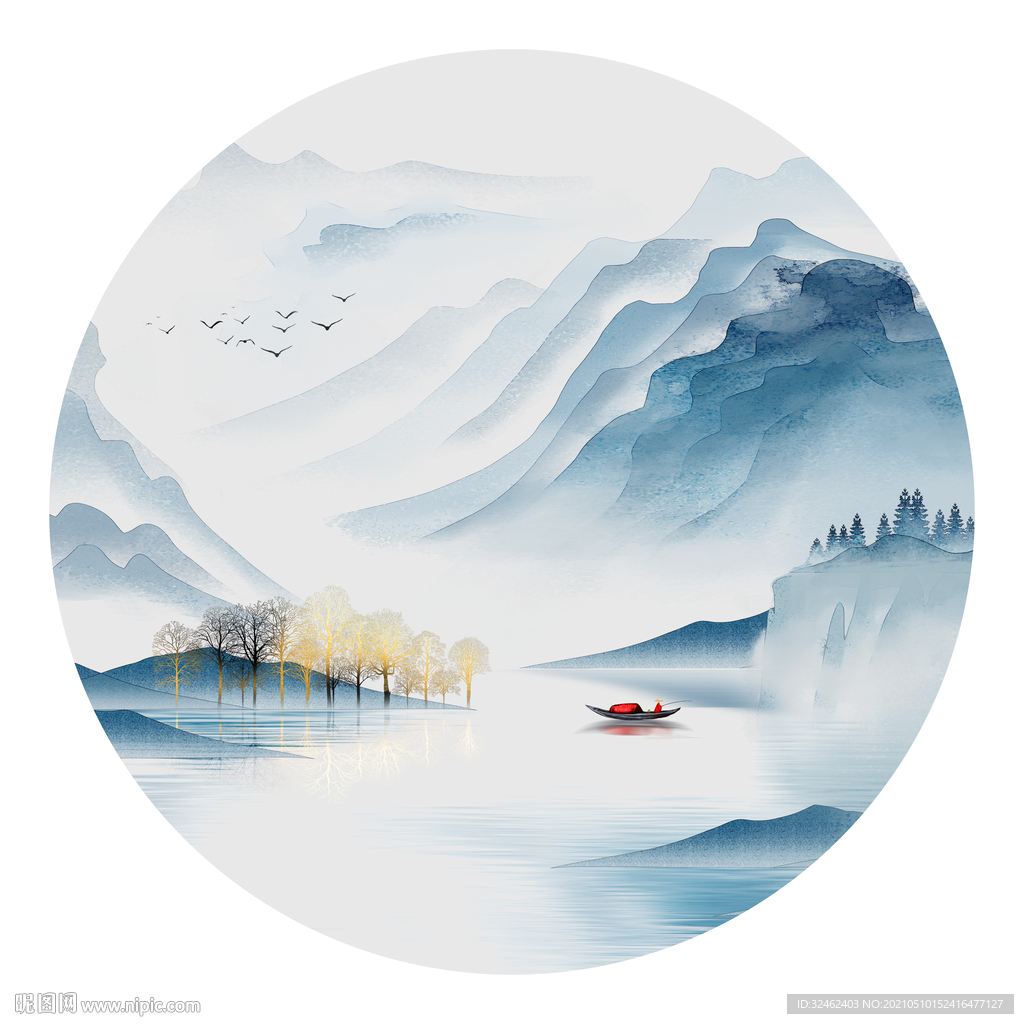 水墨山水禅意圆形装饰画