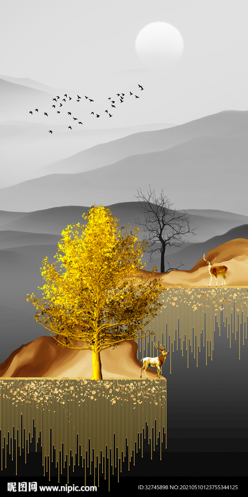 麋鹿山水 金色山水