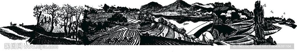 山乡巨变农村题材剪影画黑白版画