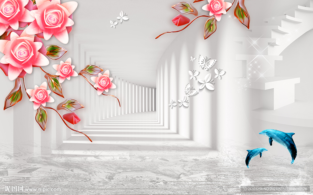 现代花卉3D空间电视背景墙