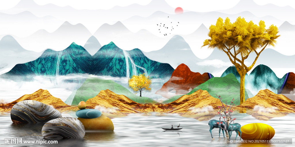 麋鹿石来运转山水画