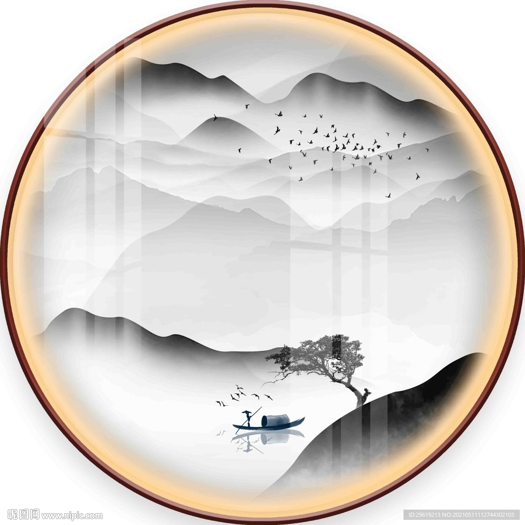 新中式水墨意境山水圆形装饰画图