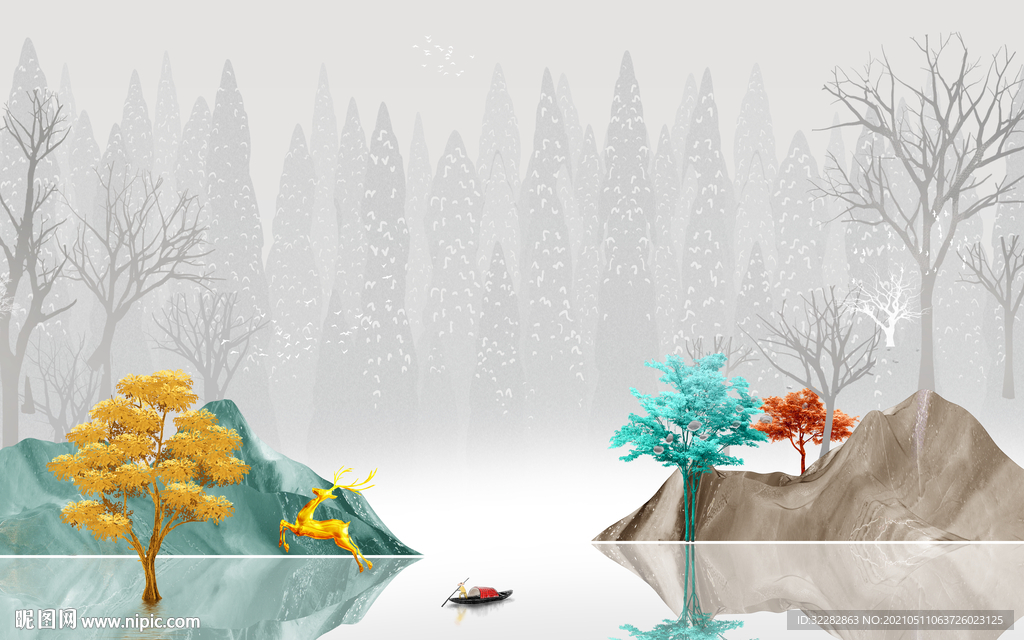 最新中式风景山水 文件分层 