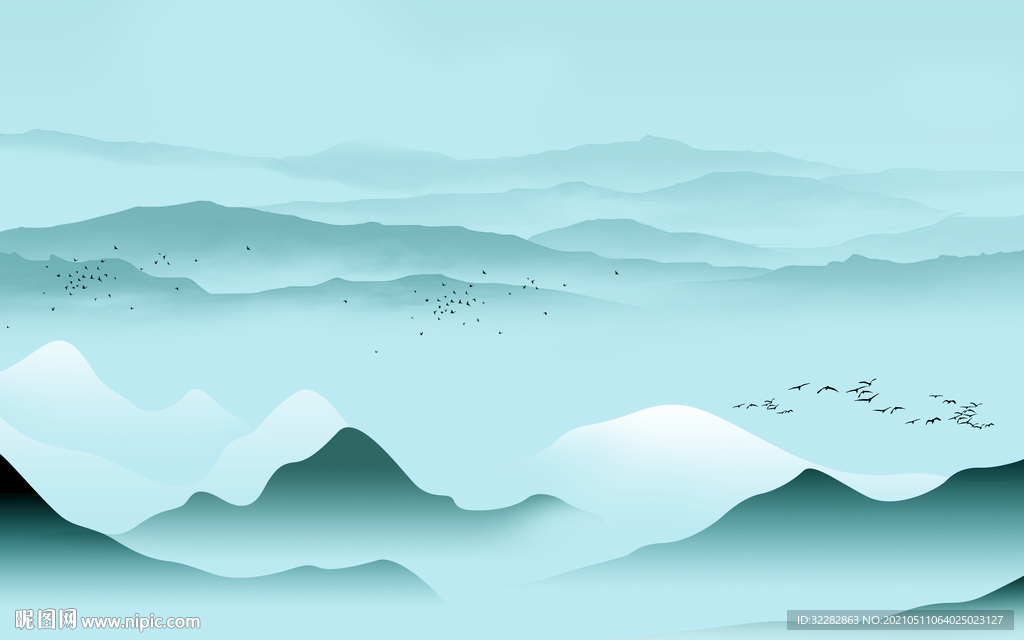 蓝色中式风景山水 文件分层 